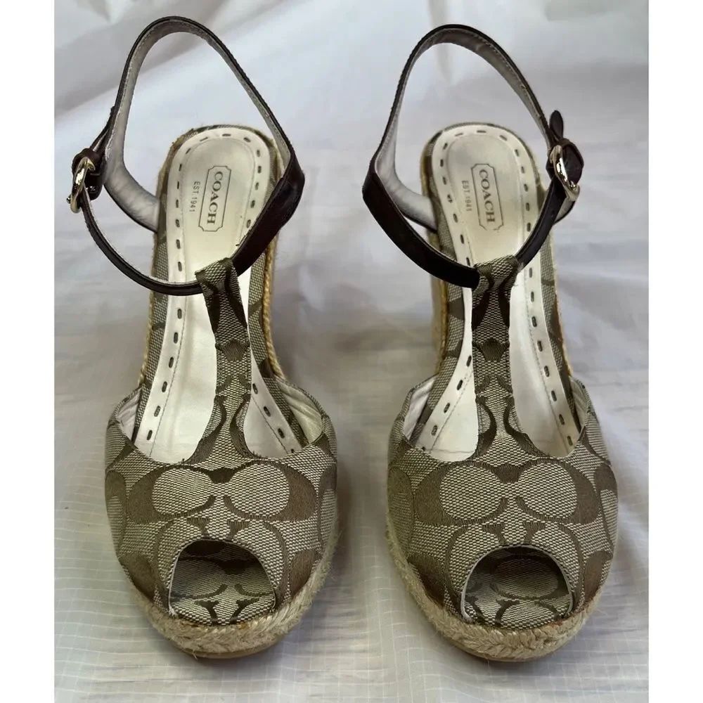 Coach Brown Jacquard Fabric Logo Peep Toe Sling back Wedge Shoe Sz 9